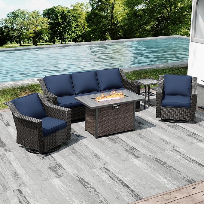 Joyside Wicker Patio Furniture Sets, 5 Pieces Upgraded Large Size Outdoor Furniture with Swivel Rocking Patio Chairs, 3-Seat Sofa, Fire Table, Coffee Table, Thick Cushions, Wide Armrest, Blue