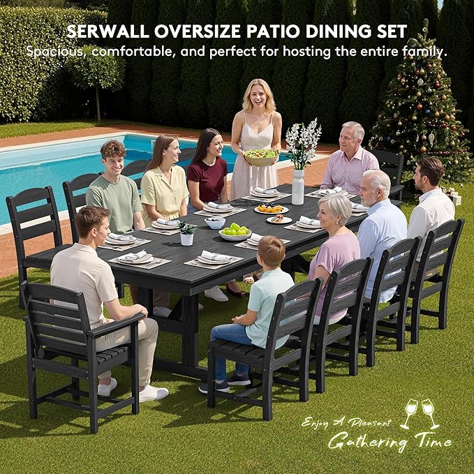 SERWALL 11 Piece Outdoor Dining Set, 84" HDPE Outdoor Table and Chairs for 10，All Weather Patio Furniture Set with Umbrella Hole for Backyard, Garden, Black