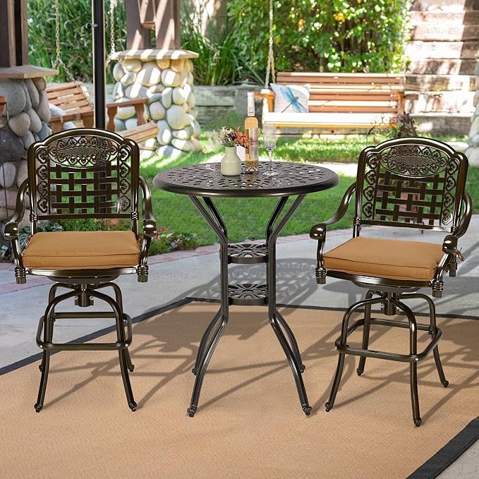 VIVIJASON 3-Piece Outdoor Swivel Bar Stools Set, All Weather Cast Aluminum Patio Bar Height Bistro Set with 2 Cushioned Bar Chairs & 31" High Bar Table w/Umbrella Hole for Backyard, Lawn, Garden