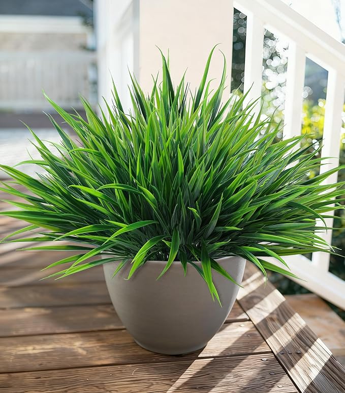 12Pcs Artificial Plants Outdoor Fake Plastic Grass Spring Decoration UV Resistant Faux Greenery Stems Bushes Outside Fake Plants for Planters Patio Porch Window Box Pathway Garden Home Decor, Green