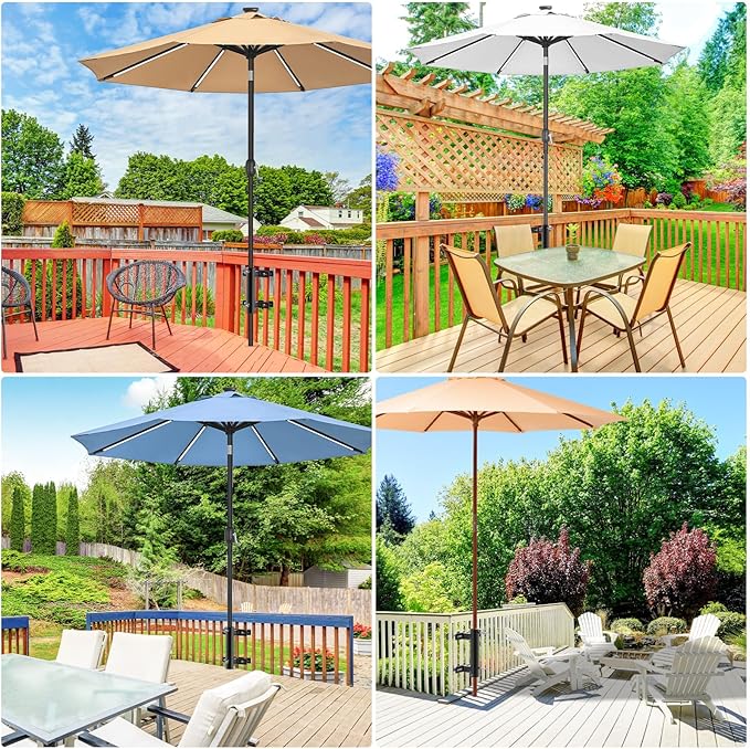 Heavy Duty Deck Railing Umbrella Holder, Adjustable Patio Umbrella Stand for 1-2 Inch Poles, Secure & Sturdy Railing Grille Mount, Maximizes Outdoor Space