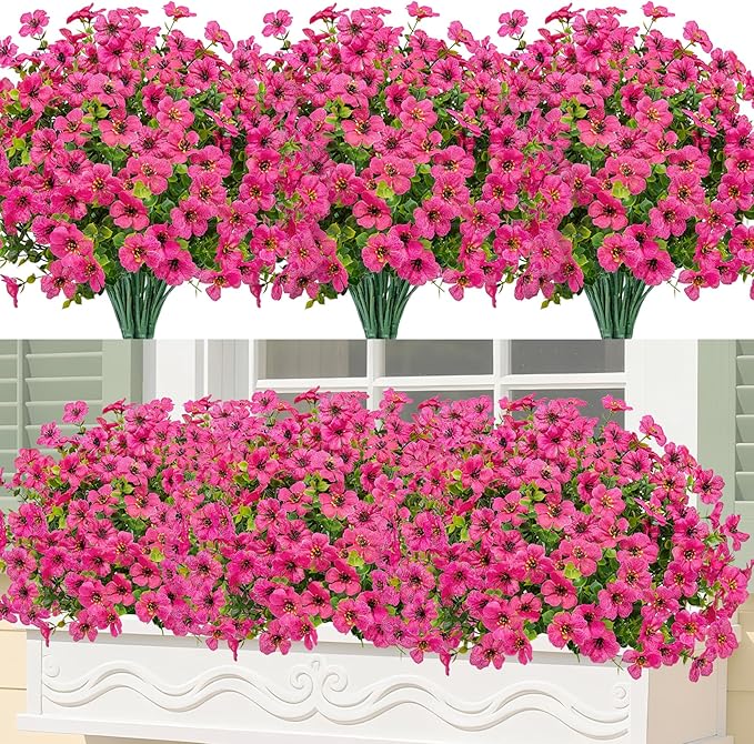 Bassion Artificial Flowers for Outdoors, 24 Bundles UV Resistant Fake Flowers Realistic Silk Faux Plants for Outdoor Planter Window Box Porch Patio Garden Home Outside Decorations