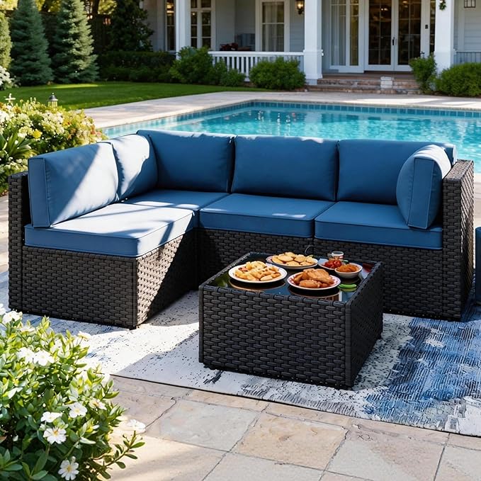 SUNLEI 5 Piece Patio Furniture Sets, Low Back All-Weather Rattan Sectional Sofa with Tea Table&Washable Couch Cushions, Patio Furniture Sets, Black Rattan