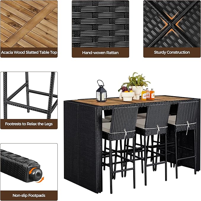 Yaheetech 7 Piece Patio Dining Set Outdoor Acacia Wood Bar Table and Chairs with Removable Cushions, Wicker Furniture Set for Deck, Backyard, Garden, Black/Beige