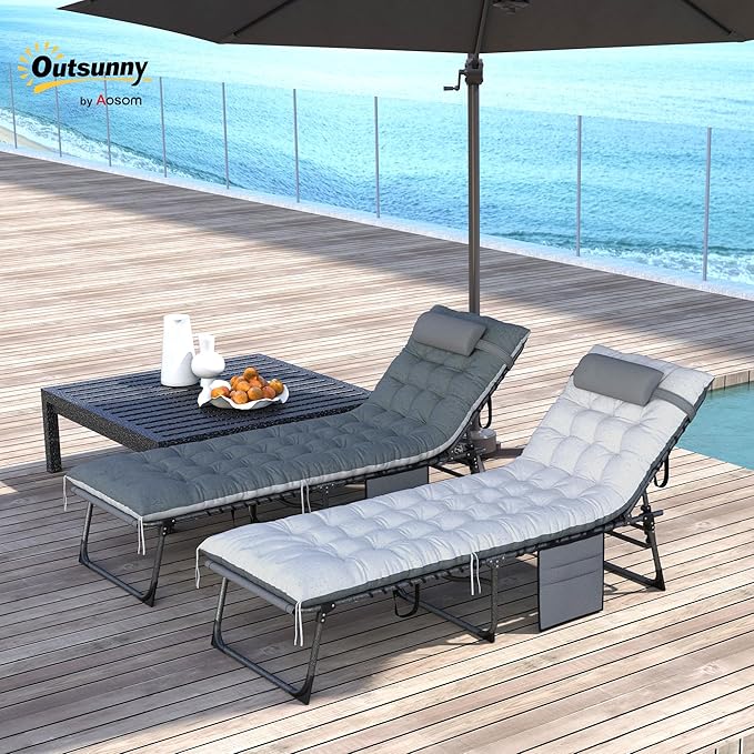 Outsunny Chaise Lounge Chair Outdoor Set of 2, 5-Position Adjustable Outdoor Pool Lounge Chairs, Folding Tanning Chair Beach Lounger with Cushion, Headrest, Side Pocket for Patio, Yard, Gray