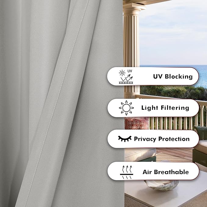 BONZER Waterproof Indoor/Outdoor Curtains for Patio Thick Privacy Grommet Curtains for Bedroom, Living Room, Porch, Pergola, Cabana, 1 Panel, 84W x 120L inch, Silver