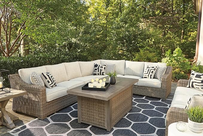 Signature Design by Ashley Beachcroft Outdoor Left & Right Arm Facing Wicker Patio Loveseats, Nuvella Weather Resistant Fabric, Brown & Beige