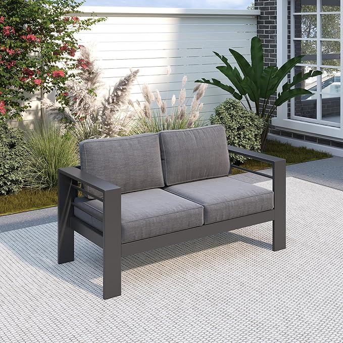 Solaste Outdoor Loveseat Aluminum Patio Furniture Sofa, All-Weather Metal Outdoor Couch with Cushions,Dark Grey