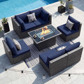 NICESOUL 29.3'' High-Back Outdoor Patio Conversation Set with Fire Pit Table Gas Propane Dual-Fuel, 7 Pcs Oversized Deep & Wide Seated Wicker Sectional Sofa Furniture Set with Firepit, Navy Blue