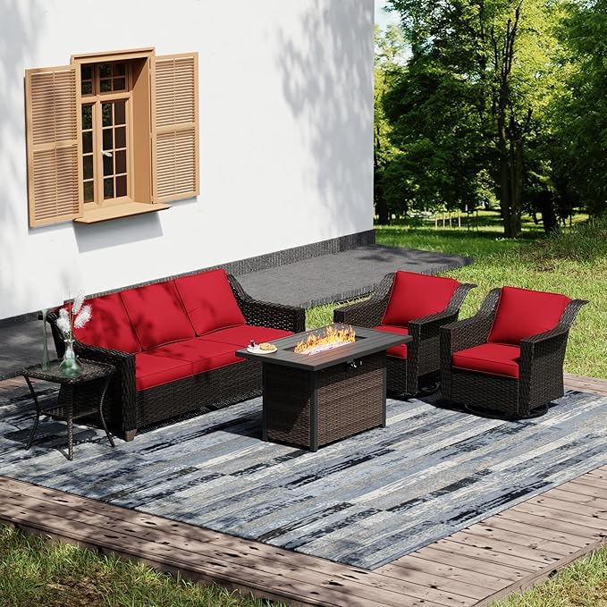 Joyside Wicker Patio Furniture Sets, 5 Pieces Upgraded Large Size Outdoor Furniture with Swivel Rocking Patio Chairs, 3-Seat Sofa, Fire Table, Coffee Table, Thick Cushions, Wide Armrest, Red