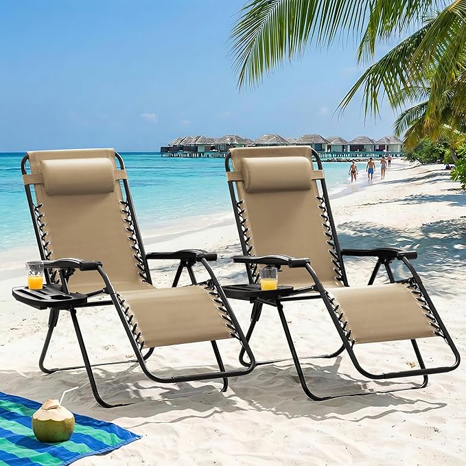 Homall Zero Gravity Chair Patio Folding Lawn Outdoor Lounge Gravity Camp Reclining Lounge Chair with Cup Holder Pillows for Poolside Backyard and Beach Set of 4 (Beige)