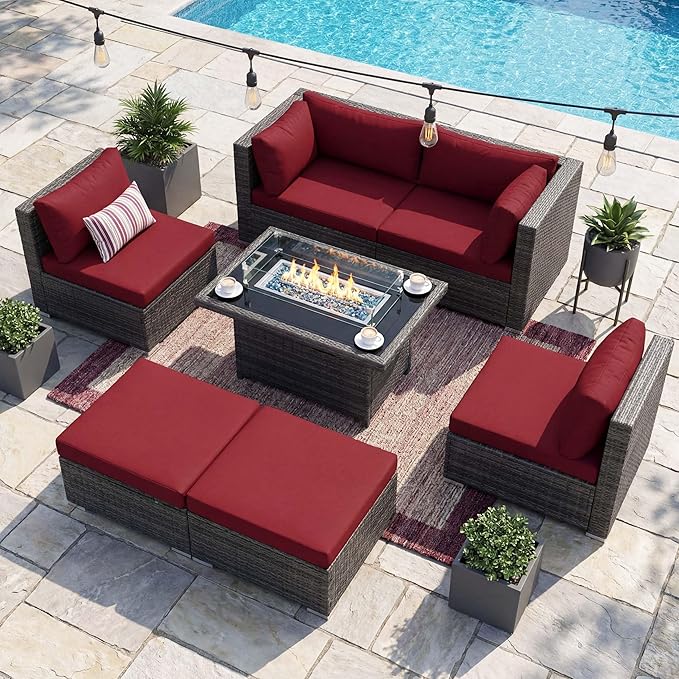 NICESOUL 7 Piece Oversized Patio Furniture Sofa Set with Fire Pit Table Propane Natural Gas Convertible, 29.3'' High Back Sturdy Outdoor Conversation for Heavy People, 2 Color Cushion Wine & Gray
