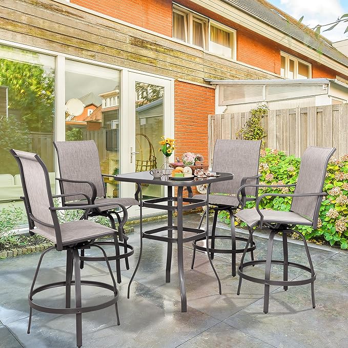 Vongrasig 5 Piece Patio Swivel Bar Set, All Weather Mental Textilene High Swivel Bar Stools Chair Set of 4 and Glass Bar Table, Outdoor High Top Bistro Set for Lawn Garden, Balcony, Taupe