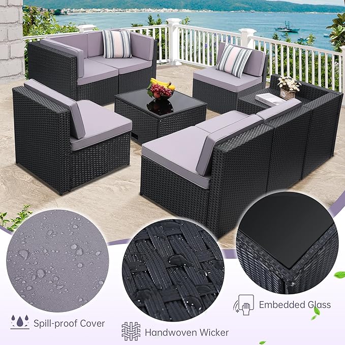 8-Piece Patio Furniture Set, Outdoor Wicker Rattan Sectional with Thick Cushions, Glass Top Table with Hidden Storage, Outdoor Conversation Set for Backyard, Porch, Patio, Light Grey
