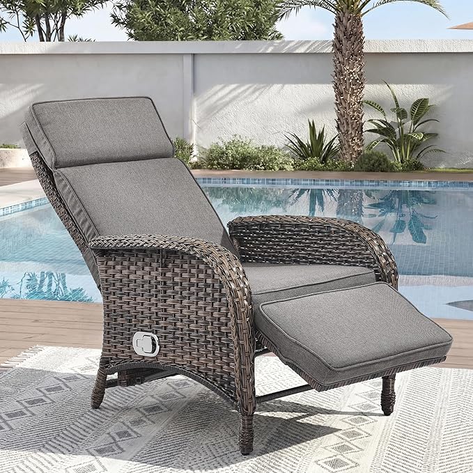 Zero Gravity Wicker Patio Recliner Chair - Wicker Outdoor Lounge Chair with Adjustable Backrest & Footrest, All Weather Outdoor Reclining Chairs with Thick Cushion for Pool Deck Gray