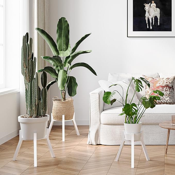 Adjustable Plant Stands Set of 2, Metal Small Plant Holder, Heavy Duty Stable Flower Holder Stand Rack for Various Pot Sizes Indoor Outdoor Corner Living Room Balcony Office White PS-007WH-2