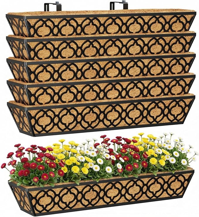 Y&M 30 Inch Window Deck with Coco Liner, Fence Metal Hanging Flower Planter Window Basket Deck Railing Planter Boxes for Outdoor Garden Lawn,6pcs