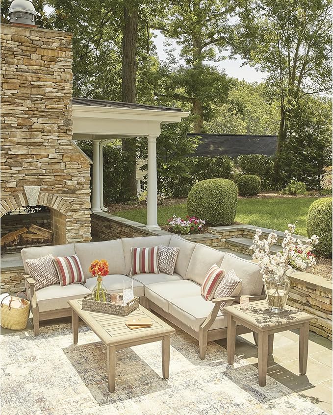 Signature Design by Ashley Clare View Symmetrical Contemporary 3-Piece Outdoor Sectional with Cushion and 6 Throw Pillows, Beige