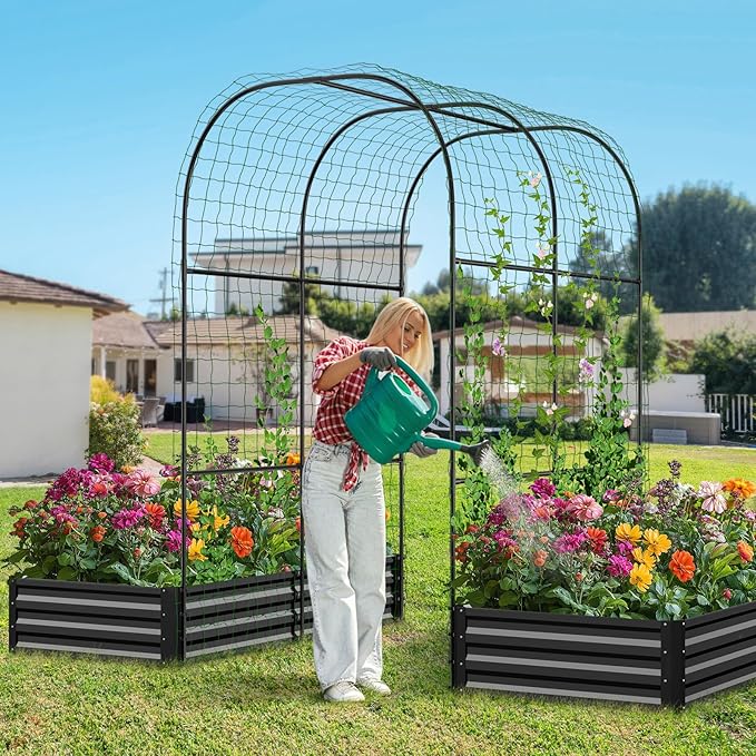DoCred 3 in 1 Raised Garden Bed with 87in Tall Arch Trellis for Climbing Plants, Galvanized Planter Garden Box Outdoor for Gardening, Climbing Vegetables, Flower, Black