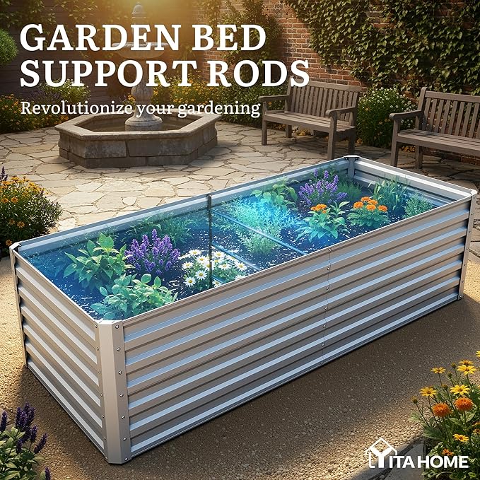 YITAHOME 6x3x2ft 2pcs Large Raised Garden Bed Kit, Galvanized Metal Planter Box with Gloves, Ground Nails, Support Rod, Outdoor Above Ground Planters for Plants Vegetables Flowers, Silver