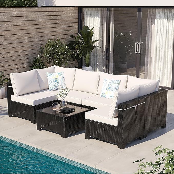 Outdoor Wicker Patio Furniture Set, Rattan Sectional Sofa Set with Thick Cushions (Coffee/Beige, 7 Piece Sofa Set)