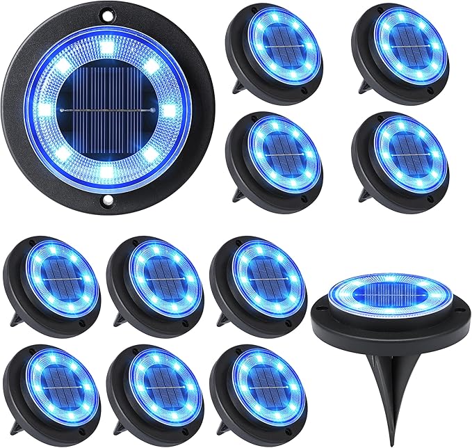 Flacchi Solar Lights Outdoor - Solar Powered Ground Lights Outdoor Solar Disk Light Waterproof Landscape Light for Patio Yard Pathway Walkway Driveway (Blue, 12 Pack)