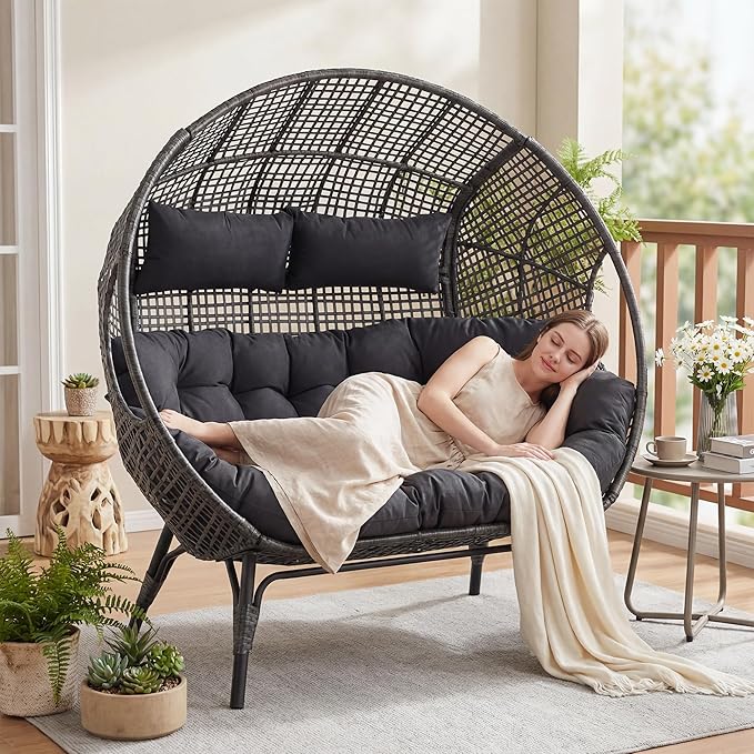 NICESOUL® Double Egg Chair Indoor Outdoor Stationary Oversized 6.5" Thick Padded Cushions,2 Person Egg Wicker Loveseat Chair,680 lbs Extra Large Lounge Chair for Patio Balcony Porch Backyard Gray