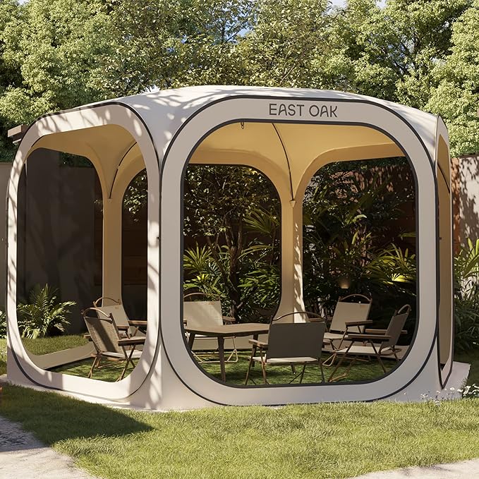 East Oak Screen House Tent Pop-Up, Portable Screen Room Canopy Instant Screen Tent 12 x 12 FT with Carry Bag for Patio, Backyard, Deck & Outdoor Activities, Beige