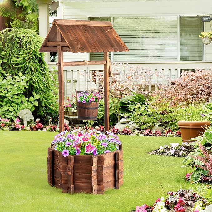 VINGLI Wooden Wishing Well Outdoor Planters, Well Covers for Yard with 4 Reinforced Rods, Height Adjustable Hanging Bucket, Rustic Flower Pot Home Decor for Outside Patio Garden