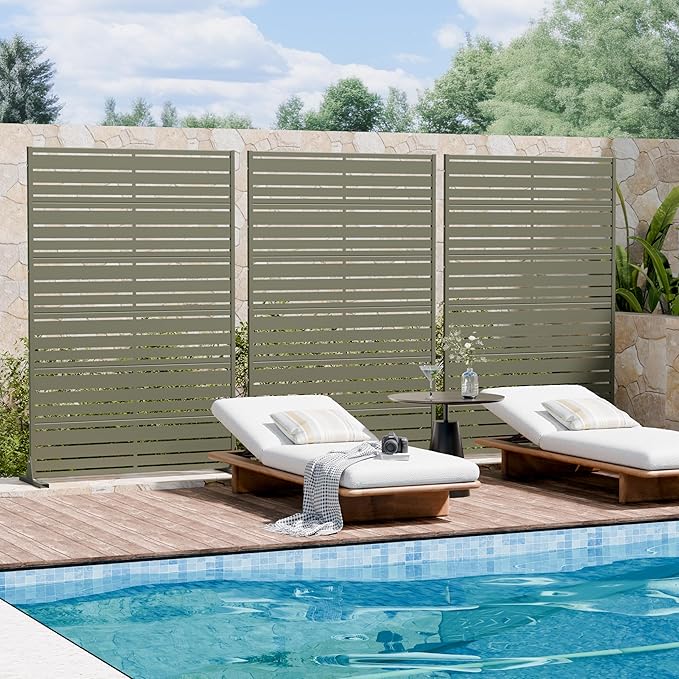 Casaphoria Metal Privacy Screen Outdoor, 72" H x 47" W Freestanding Decorative Privacy Screen for Patio Deck Balcony Garden with Stable Base, Grey-Benjamin