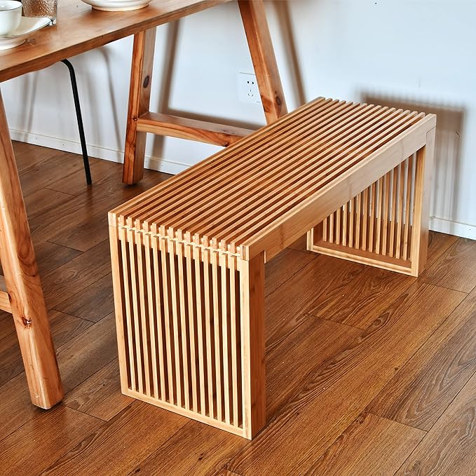 Bamboo Dining Bench, 35 inch Farmhouse Decor Indoor Kitchen Table Bench, Entryway Shoe Rack Bench Solid Bamboo Benches for Living Room, Hallway, Bedroom, Bathroom