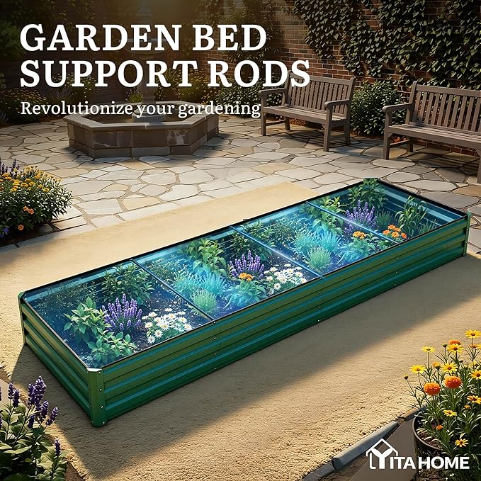 YITAHOME 12x4x1ft Large Raised Garden Bed Kit, Galvanized Metal Planter Box with Gloves, Ground Nails, Support Rod, Outdoor Above Ground Planters for Plants Vegetables Flowers, Green