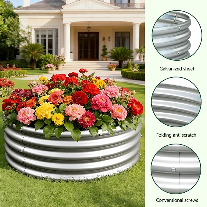 3x3x1ft(2 Pack) Galvanized Round Raised Garden Bed,Outdoor Planter Box Metal Patio Kit Planting Bed for Vegetables Flowers Herb,Silver