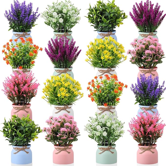 Cindeer 16 Pcs Large Artificial Potted Flowers Fake Potted Plants Plastic Faux Flowers for Home Decor Indoor Artificial Plants in Pots for Wedding Home Desk Tabletop Outdoor Office Kitchen (Gentle)