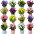 Cindeer 16 Pcs Large Artificial Potted Flowers Fake Potted Plants Plastic Faux Flowers for Home Decor Indoor Artificial Plants in Pots for Wedding Home Desk Tabletop Outdoor Office Kitchen (Gentle)
