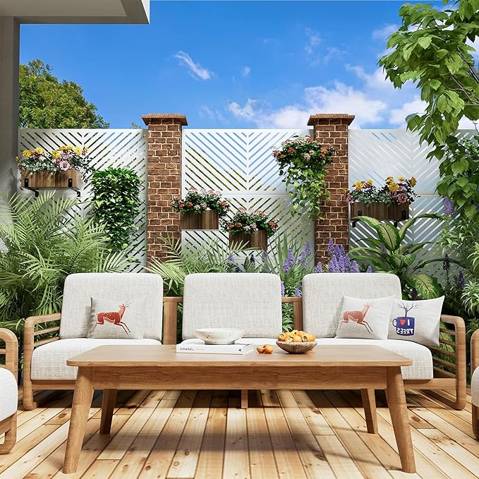 Casaphoria Metal Privacy Screen Outdoor, 72" H x 47" W Freestanding Decorative Privacy Screen for Patio Deck Balcony Garden with Stable Base, White-Parallel