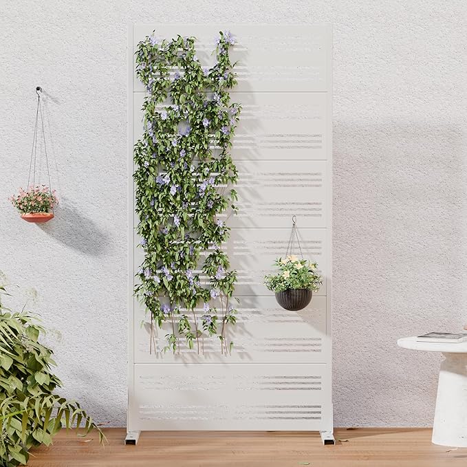 Casaphoria Metal Privacy Screen Outdoor, 72" H x 35" W Freestanding Decorative Privacy Screen for Patio Deck Balcony Garden with Stable Base, White-Benjamin