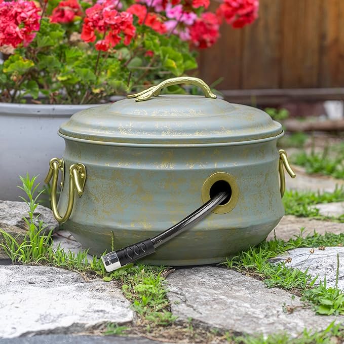 Sedona Hose Pot with Lid, Brass Accents, holds up to 100-Feet of Hose By Good Directions