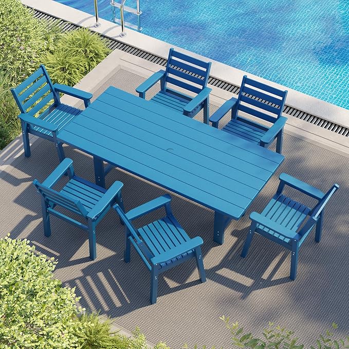AMERLIFE 7-Piece HDPE Outdoor Dining Set with Umbrella Hole, 71" L Patio Table and Chairs Set for 6, Modern Garden Dining Set for Backyard, Poolside, Porch, Seaside, Blue