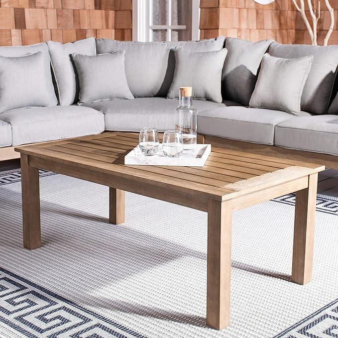 SAFAVIEH Couture Outdoor Patio Furniture Collection – Santa Cruz Coffee Table, Natural Eucalyptus Wood Slatted Top, Modern Outdoor Accent Table (CPT1016A)