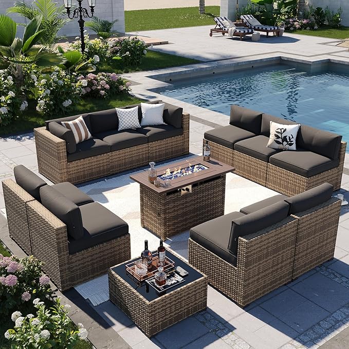 Aoxun Patio Furniture Sets, 12-Piece Outdoor Patio Furniture with 44'' Propane Gas Firepit Table, Wicker Outdoor Conversation Set Sectional Sofa for Backyard, Poolside, Garden