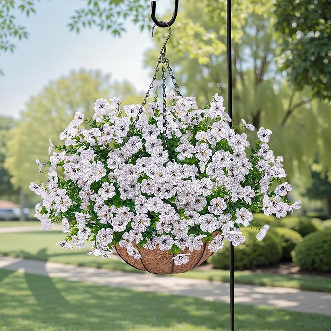 Artificial Faux Hanging Plants Flowers Basket for Outdoors Decoration,Hanging Planters with Fake Silk Daisy Flowers for Outside,UV Resistant Realistic Porch Patio Balcony Garden Yard Home Decor（White）