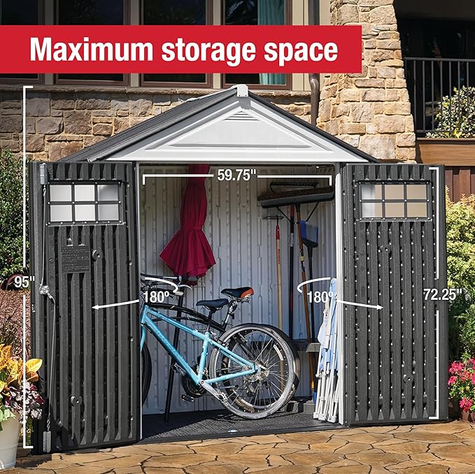 Rubbermaid Resin Outdoor Storage Shed With Floor (7 x 3.5 Ft) Weather Resistant, White, Organization for Home/Backyard/Garden Tools/Lawn Mower/Bike Storage/Pool Supplies