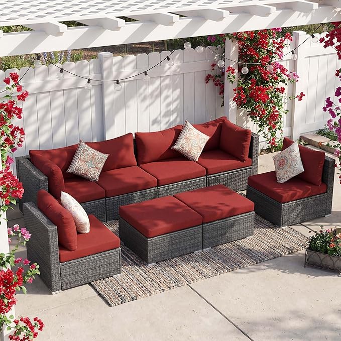 NICESOUL 8 Piece Modern Patio Couch Set, 29.3'' High Back Oversized Wicker Outdoor Sectional Furniture with Ottoman, Wide Seating Comfy Conversations for Backyard Deck, 2 Color Cushion Wine & Gray