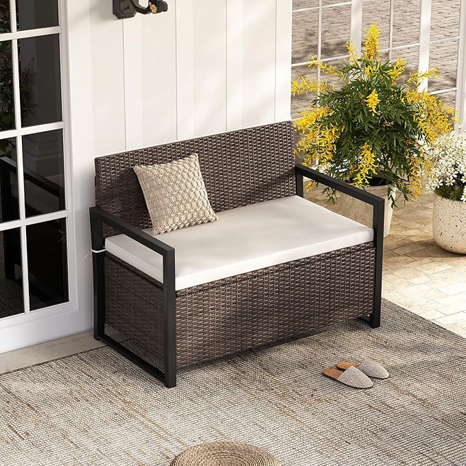 RELAX4LIFE Wicker Outdoor Bench with Storage - Rattan Deck Box w/Protective Liner for Pillows, Pool Supplies, Garden Tools, Patio Loveseat with Seat Cushion & Metal Armrests for Backyard Porch Balcony