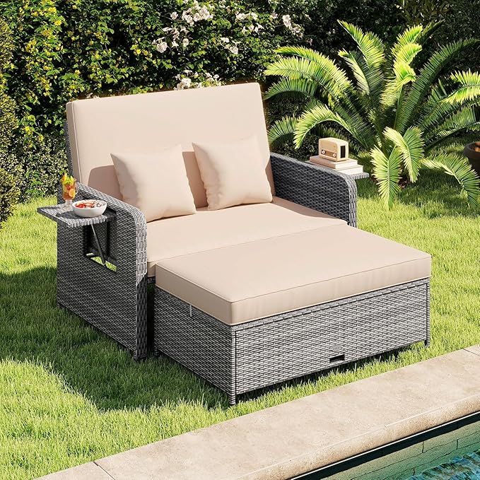 Tangkula Patio Rattan Daybed with 4-Level Adjustable Backrest, Outdoor PE Wicker Loveseat with Storage Ottoman & Folding Side Table, Double Sunbed for Balcony, Backyard & Poolside, Beige & Grey