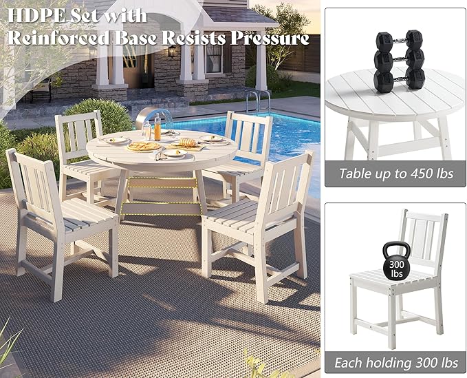 AMERLIFE 5 Piece HDPE Outdoor Dining Table & Chairs Set, All-Weather Patio Table and Chairs Set Furniture with Umbrella Hole for Garden, Backyard, Poolside, Seaside, White