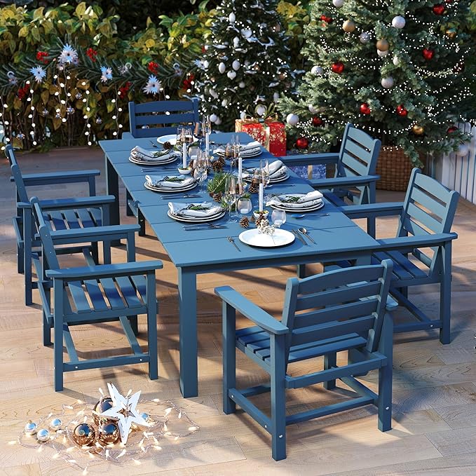 7-Piece Navy Blue Outdoor Dining Set for 6, 75.2'' HDPE Table with Umbrella Hole & Chairs, Weather-Resistant Patio Furniture for Garden, Lawn, or Poolside