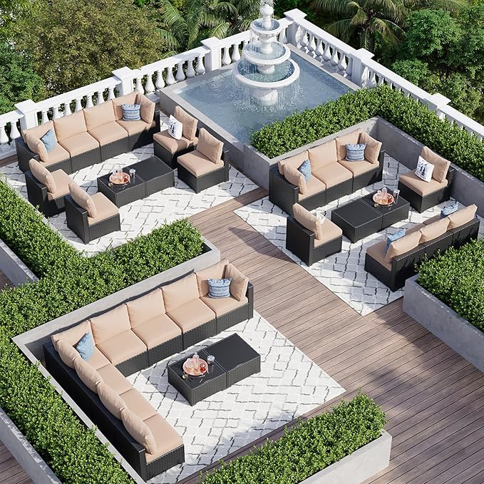 Aoxun 10 Piece Patio Furniture Set Wicker Rattan Patio Sectional Sofa Set Outdoor Seating Furniture with Thickened Cushion, Beige