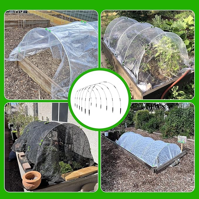 Garden Hoops for Raised Beds- Rust Free Fiberglass Frame Plant Hoops with Support Bases -Greenhouse Hoops Grow Tunnel , 72pcs，Vanilla